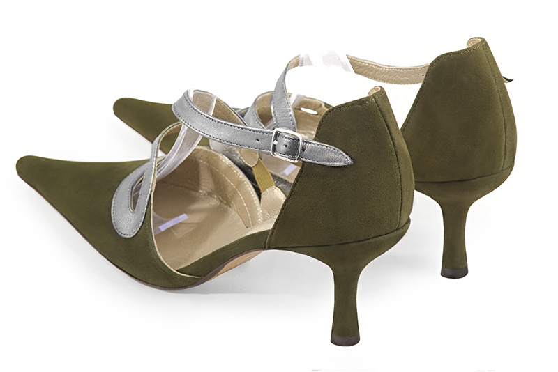 Khaki green and dove grey women's open side shoes, with snake-shaped straps. Pointed toe. High slim heel. Rear view - Florence KOOIJMAN